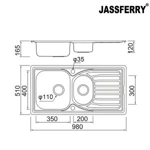 JASSFERRY Stainless Steel Kitchen Sink Inset 1.5 Bowl Reversible Drainer, 980 x 510 mm