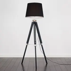 ValueLights Clipper Black Wood and Silver Chrome Tripod Floor Lamp with Black Tapered Light Shade with 6w LED GLS Bulb