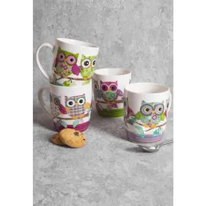 4 Cute Owl Mugs 13oz Bone China Coffee Tea Drinking Mugs Cup Set