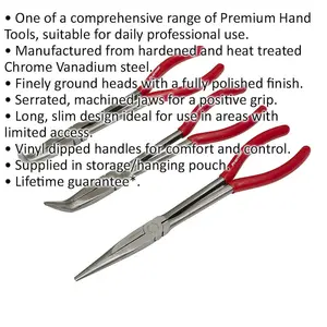 3 Piece 280mm Needle Nose Pliers Set - Straight & Angled Nose - Serrated Jaws