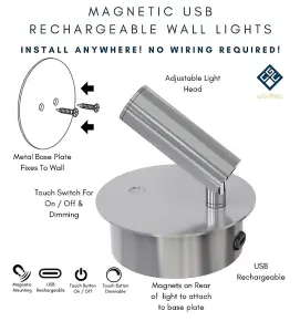 CGC SCARLET Satin Nickel Adjustable Head LED Rechargeable Magnetic USB Reading Bedside Wall Light