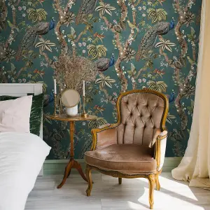 Holden Decor Peacock Woods Aqua Teal Wallpaper Floral Naturistic Feature Wall