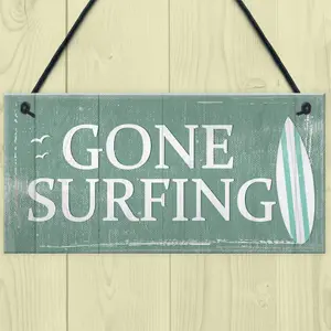 Red Ocean Gone Surfing Hanging Plaque Nautical Decor Beach Seaside Shabby Chic Home Sign Gift