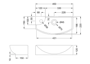 Compact Wall Hung Right Hand Round Ceramic 1 Tap Hole Vessel - 450mm