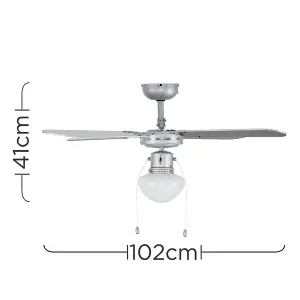 ValueLights 42" Grey Ceiling Fan With Frosted Glass Light Shade Reversible Blades And Remote Control