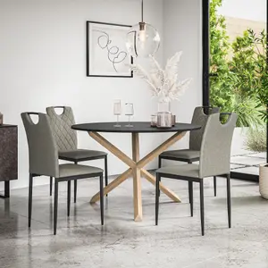 Malvern Round Dining Table And Chairs -  Black Table Top w Solid Oak Legs + Monza Fabric Dining Chair Set Of 4 (Grey)