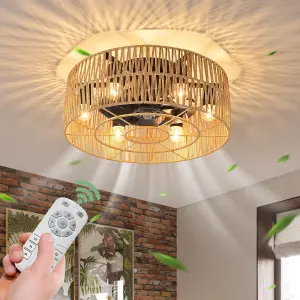 Garwarm Caged Rattan Boho flush mount Ceiling Fan with Remote-Controlled Light