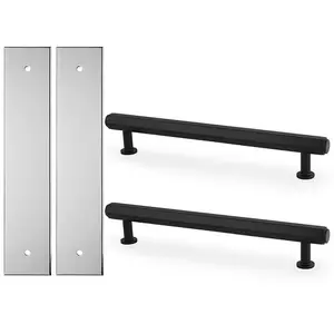 2 PACK - Pull Handle & Contrasting Backplate Set - Industrial Hex T Bar - Matt Black & Chrome