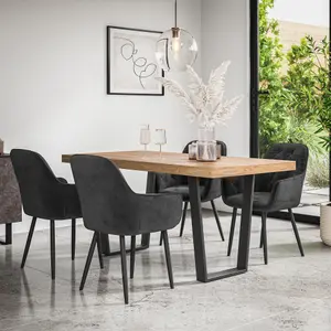 Aria Dining Table And Chairs -  Oak Effect Table Top w Black Legs + Anika Velvet Dining Chair Set Of 4 (Black)