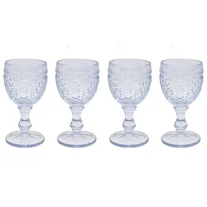 Wine Glasses Blue 4-Set Embossed Design Bar Liquor Champagne Glass Drinkware