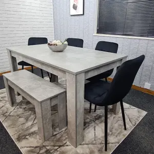 Grey Kitchen Dining Table, 4 Black Tufted Velvet Chairs and 1 Bench Dining Set