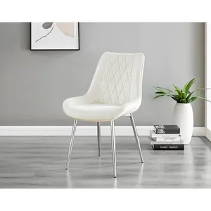 Palermo Velvet Modern Dining Chairs with Tapered Metal Legs & Quilted Diamond Stitching (Set of 2) Cream / Silver