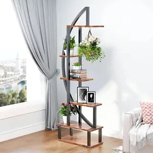 2Pcs 6 Tier Rustic Brown Crescent Wood Plant Stand Display Shelf with 4 Casters 146cm (H)