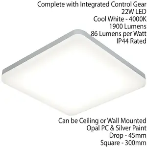 Slim Square LED Flush Ceiling Light 22W Cool White IP44 Sliver Bathroom Lamp