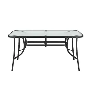 Black Rectangular Tempered Glass Tabletop Metal Outdoor Garden Coffee Table with Parasol Hole 150cm