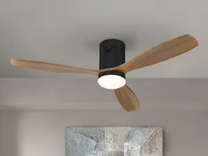 6 Speed Ultra Quiet Ceiling Fan Matt Black, Walnut Wood Blades with LED Light, Remote Control, Timer & Reversible Functions