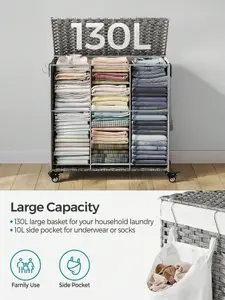 SONGMICS Laundry Basket, Handwoven Laundry Hamper, 140L Rattan-Style Washing Basket With 3 Compartments, 66 X 33 X 60 Cm, Grey