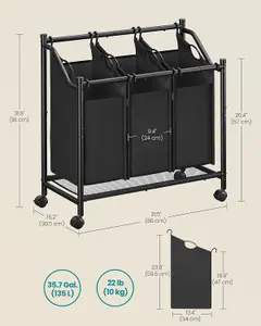 SONGMICS Rolling Laundry Sorter, Laundry Basket with 3 Removable Bags, Laundry Hamper, Laundry Trolley, Ink Black