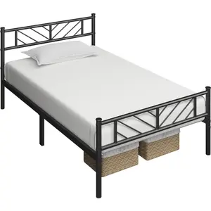 Minimalist Metal Slatted Bed Platform with Arrow Design Headboard Black / Single (3')