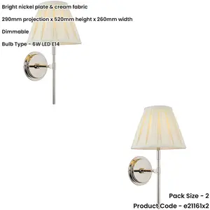 2 PACK Indoor Bright Nickel Plate Wall Light - Cream Fabric Shade - Dimmable 6W LED E14