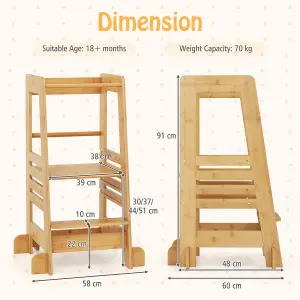 COSTWAY Kitchen Step Stool for Toddlers Bamboo Kids Standing Tower with Safety Rail