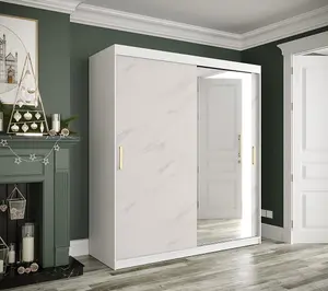 Chic White Geneva T2 Sliding Door Wardrobe W1800mm H2000mm D620mm - Modern Design, Mirrored Door, Gold Handles