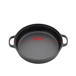 Black Round Pre Seasoned Cast Iron Frying Pan Kitchen Skillet with Double Handles Dia 30cm