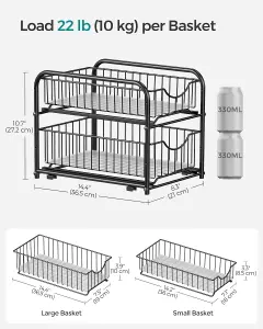 Cupboard Organiser, 2-Tier Under Sink Storage Organiser with Sliding Basket Drawers, Stackable Cabinet Organiser for Kitchen, Bat