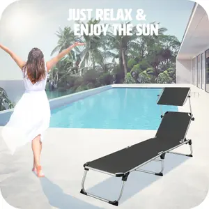 Sun Lounger Aurelie - foldable, with sunshade, 6-step adjustable backrest - black