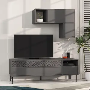 Decortie Heaton Modern TV Unit Anthracite Grey with Storage and Wall Shelf 144.6cm