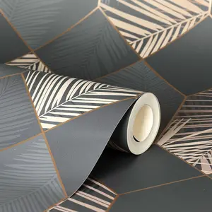 Miami Geometric Leaf Wallpaper Charcoal / Copper Fine Decor FD42833