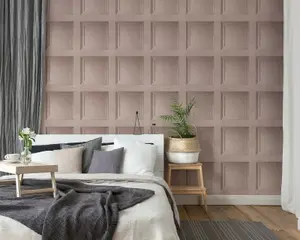 Blush Pink Wooden Panel 3D Effect Realistic Square Panelling Flat Wallpaper