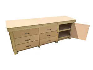 Wooden MDF top workbench, tool cabinet with lockable cupboard (V.3) (H-90cm, D-70cm, L-240cm) double shelf