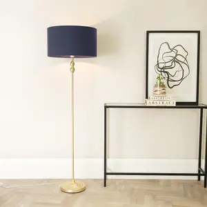 ValueLights Maggie Gold Metal Candlestick Floor Lamp with Navy Blue Fabric Lamp Shade and LED Bulb