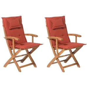 Set of 2 Garden Chairs with Cushions MAUI Acacia Wood Dark Red