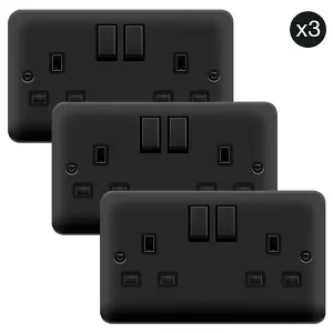 3 PACK - Curved Matt Black 2 Gang 13A DP Ingot Twin Double Switched Plug Socket - Black Trim - SE Home