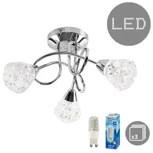 ValueLights Astley Modern 3 Way Crossover Silver Chrome Ceiling Light with Diamond Effect Glass Shades - Including Bulbs