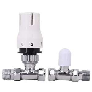 Rinse Bathrooms Thermostatic Radiator Valve 15mm x 1/2 Inch Straight White Chrome Rad TRV + Lockshield