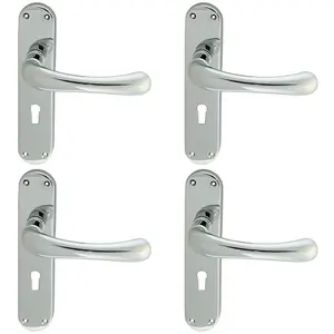 4 PACK - Smooth Rounded Latch & Lock Door Handle - Polished Chrome Lever on Backplate