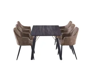 5PCs Zarah Cosmo Dining Table Set w/ a Black Dining Table & 6 Light Brown Faux Leather Dining Chairs for Dining Room