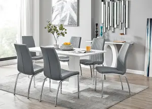 Imperia White High Gloss 6 Seater Dining Table with Structural 2 Plinth Column Legs 6 Grey Stitched Faux Leather Isco Chairs