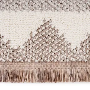 Neutral Beige Brown Geometric Scandi Style Fringed Area Rug 160cm x 230cm