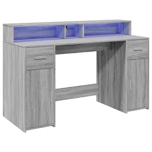 Berkfield Desk with LED Lights Grey Sonoma 140x55x91 cm Engineered Wood