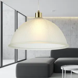 First Choice Lighting Frosted Ribbed Glass with Satin Brass Ceiling Pendant