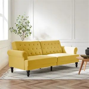 Hanney 3-Seater Chesterfield Sofa Bed In Mustard Yellow Velvet, Clic Clac Sofa Bed - Daals - Sofa Beds