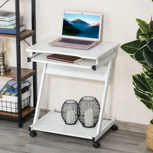 HOMCOM Movable Computer Desk with 4 Moving Wheels Sliding Keyboard Tray White