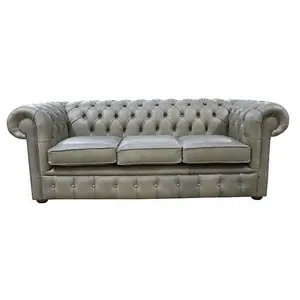 Chesterfield 3 Seater Selvaggio Sage Green Leather Sofa Settee In Classic Style