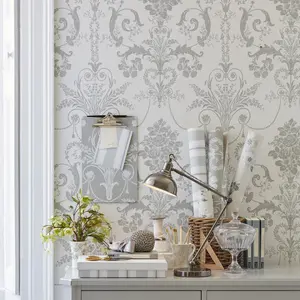 Laura Ashley Josette Dove grey & white Damask Smooth Wallpaper Sample