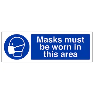 Masks Must Be Worn PPE Safety Sign - Adhesive Vinyl - 450x150mm (x3)