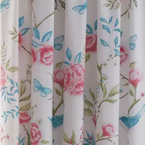 Amelle Blue Floral Print Pair of Pencil Pleat Curtains With Tie-Backs